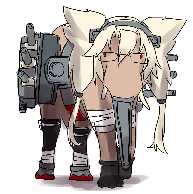 1girl animalization blew_andwhite blonde_hair cannon commentary dark_skin elephant glasses hair_between_eyes headgear kantai_collection machinery musashi_(kantai_collection) red_eyes sarashi short_hair_with_long_locks turret