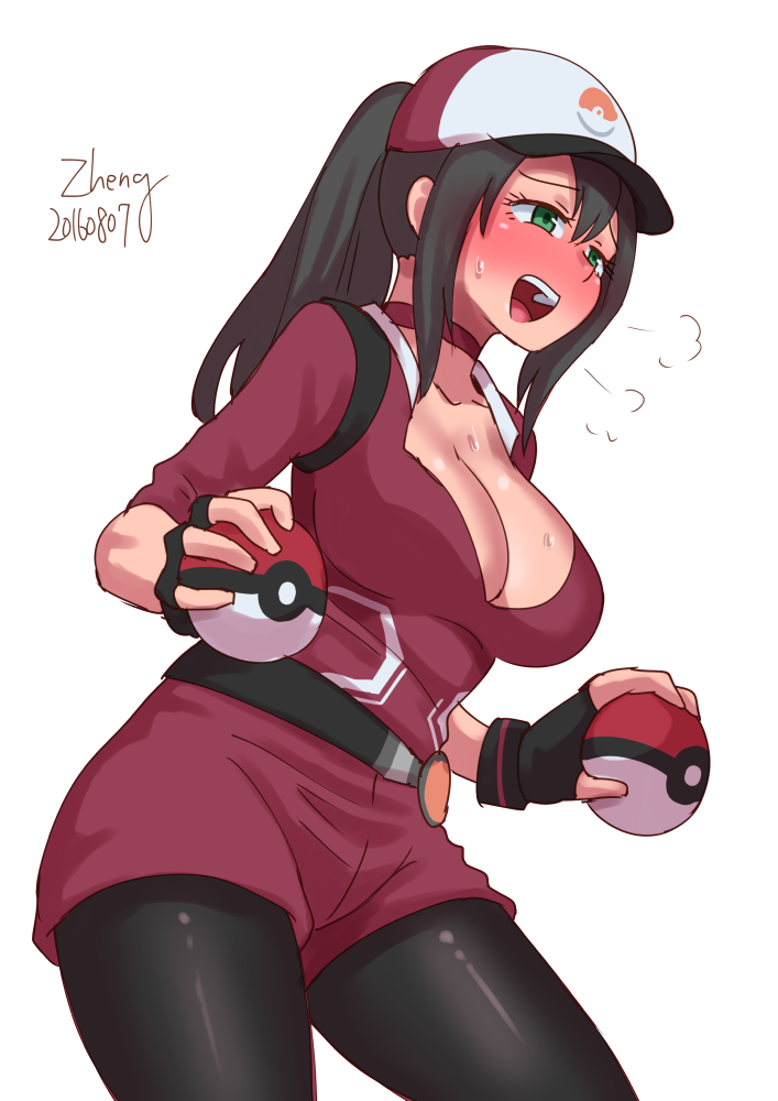 1girl 2016 artist_name baseball_cap belt black_hair black_legwear blush breasts cleavage dated female_protagonist_(pokemon_go) fingerless_gloves full-face_blush gloves green_eyes hat heavy_breathing holding holding_poke_ball large_breasts leggings long_hair open_mouth poke_ball pokemon pokemon_go ponytail solo sweat white_background zheng