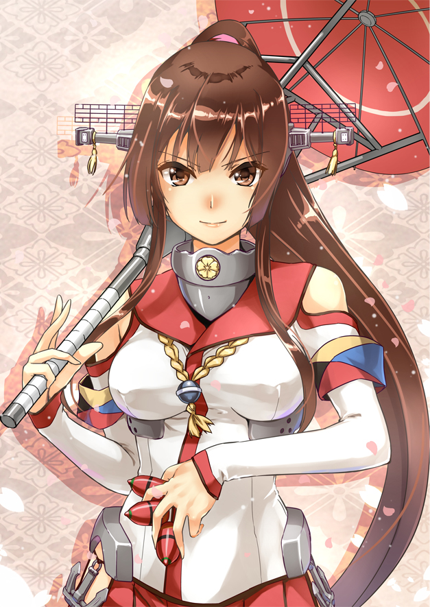 &gt;:) 1girl abo_(hechouchou) breasts brown_eyes brown_hair bullet cherry_blossoms commentary_request detached_sleeves headgear kantai_collection long_hair long_sleeves looking_at_viewer medium_breasts oriental_umbrella petals ponytail red_skirt skirt smile solo umbrella upper_body very_long_hair yamato_(kantai_collection)
