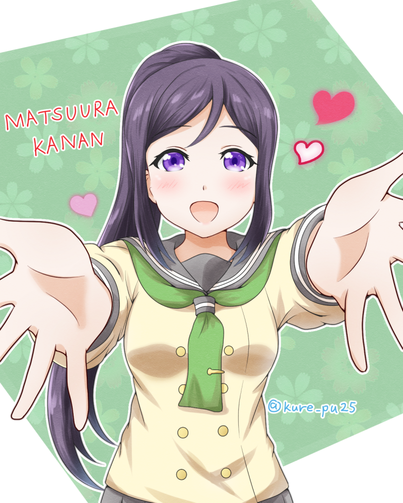 blue_hair blush long_hair love_live!_sunshine!! matsuura_kanan ponytail purple_eyes seifuku smile