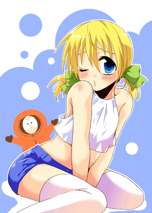 blonde_hair blue_eyes blush bow butters_stotch crossdressing crossdressinging hair_bow kenny_mccormick marjorine midriff sakurapanda shorts south_park tank_top thigh-highs thighhighs trap wink zettai_ryouiki