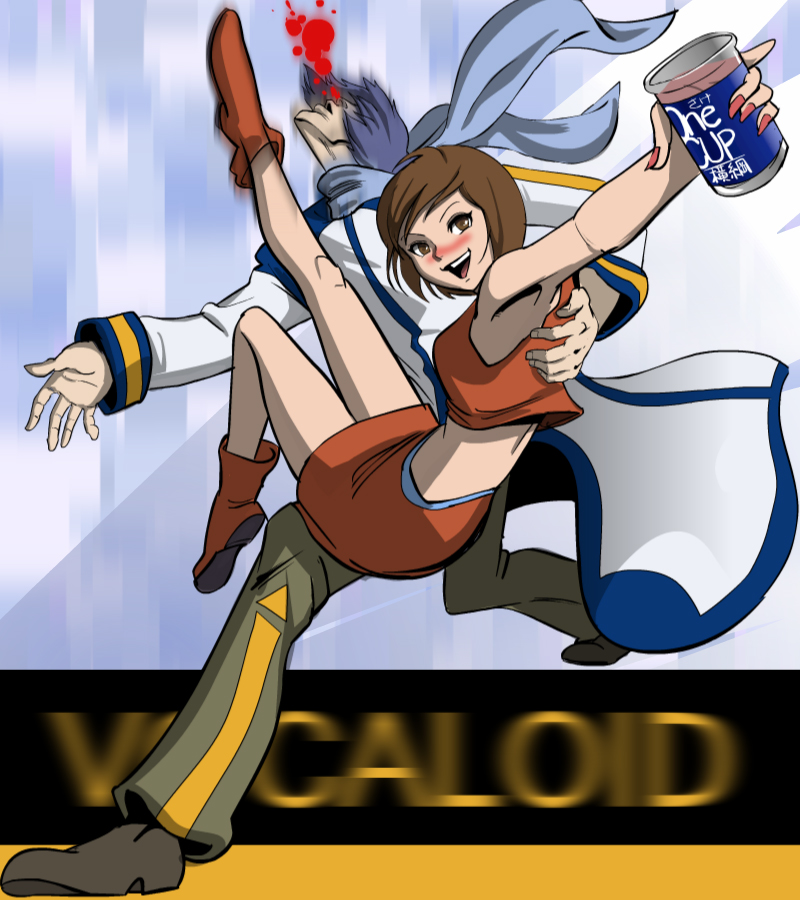 blue_hair brown_eyes brown_hair cup drunk holding kaito kick kicking meiko mizukiyo_jiro motion_blur nail_polish nippori_honsha parody pose scarf short_hair vocaloid