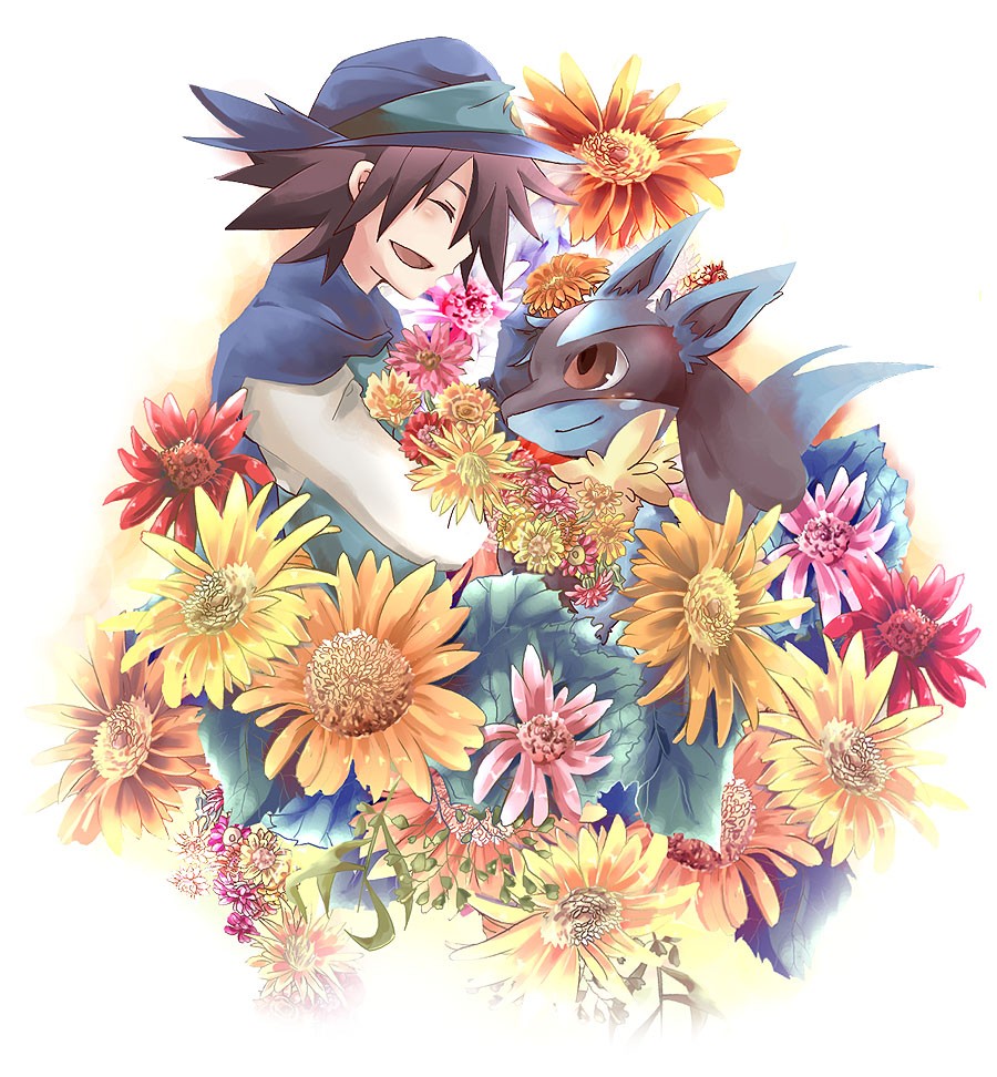 1boy arlon_(pokemon) black_hair blush closed_eyes flower hat inumimi-syndrome lucario pokemon pokemon_(creature) smile