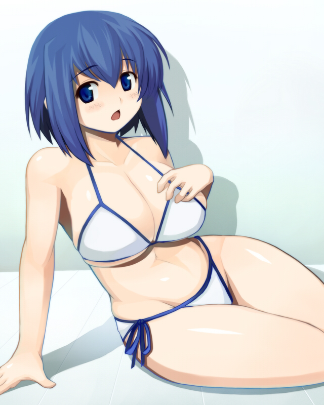 bikini blue_eyes blue_hair blush breasts cleavage curvy fuyu kokubunji_koyori large_breasts legs nurse_witch_komugi-chan short_hair side-tie_bikini sitting swimsuit thighs