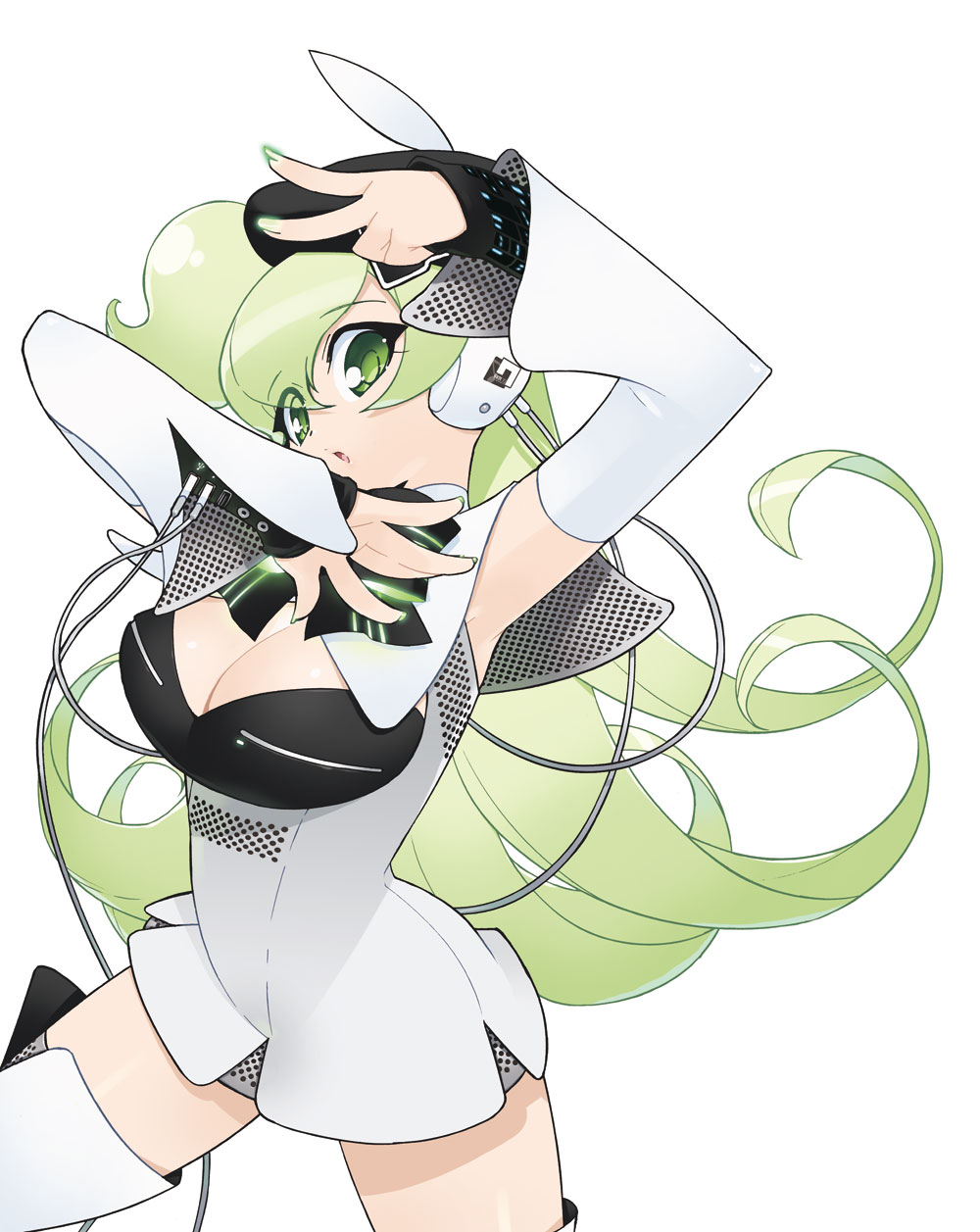 beret green_eyes green_hair hat headset highres mac macintosh macloid macne_nana nail_polish pose thighhighs