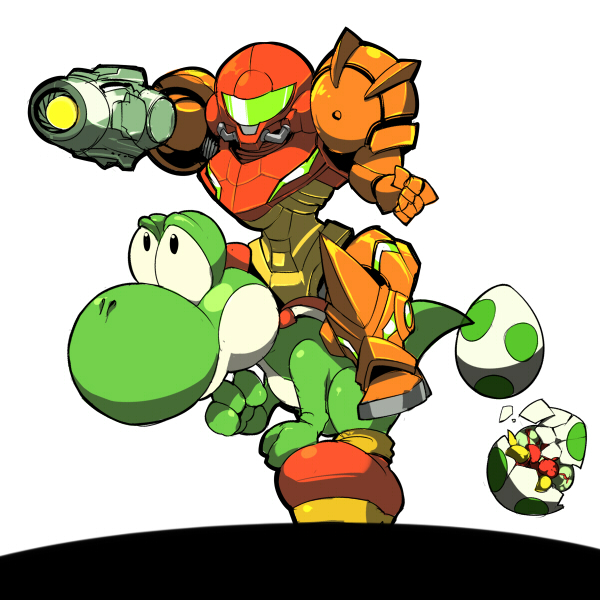 arm_cannon armor egg metroid metroid_(creature) nintendo riding samus_aran super_mario_bros. super_smash_bros. varia_suit weapon yoshi