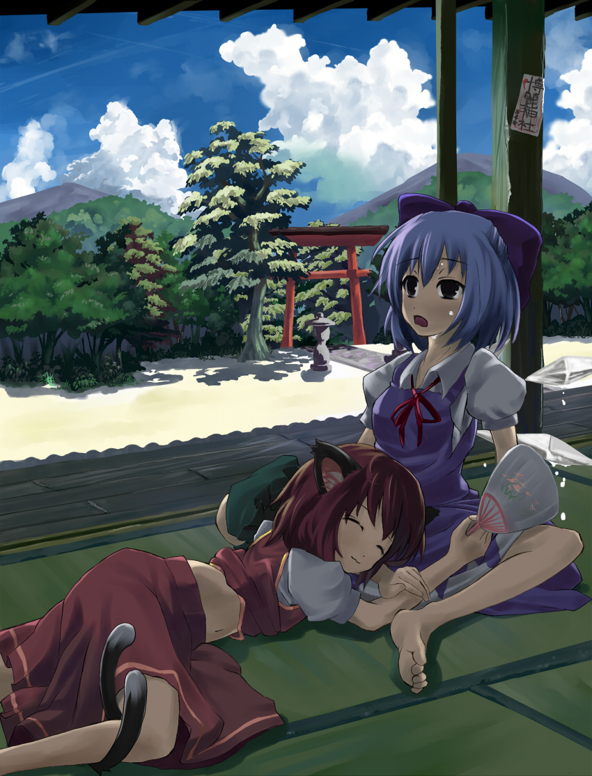 :3 animal_ears bad_id barefoot blue_hair bow brown_hair cat_ears cat_tail chen cirno cloud clouds fan feet hair_bow hat hidebo lap_pillow melting mountain multiple_girls multiple_tails shrine sky sleeping tail tatami torii touhou tree