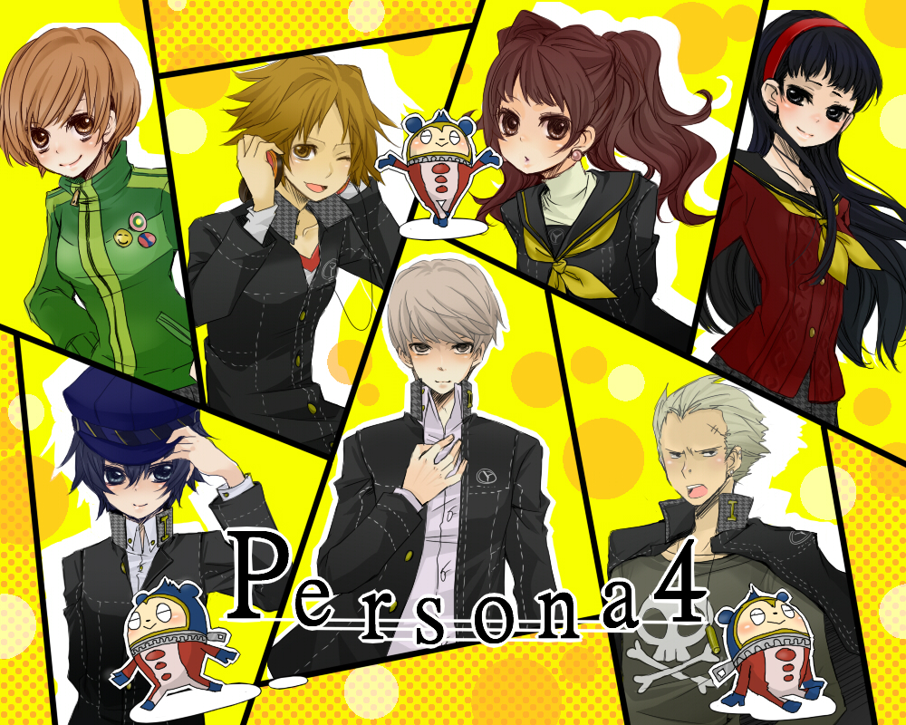 androgynous badge black_eyes black_hair blush brown_eyes brown_hair cabbie_hat earrings everyone grey_hair hairband hanamura_yousuke hat headphones jewelry kujikawa_rise kuma_(persona_4) long_hair narukami_yuu persona persona_4 reverse_trap satonaka_chie sayu030b school_uniform seta_souji shirogane_naoto short_hair smile tatsumi_kanji tomboy