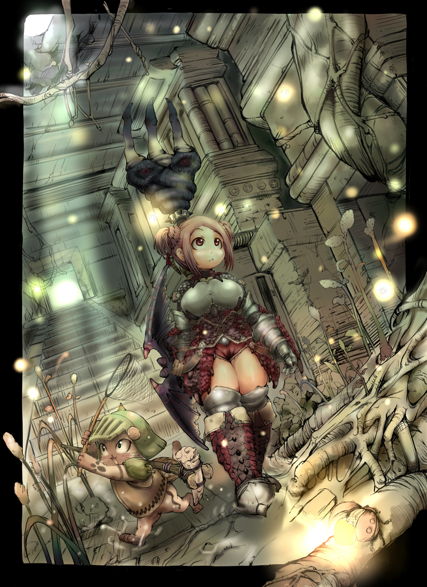 breasts brown_eyes brown_hair bug butterfly_net cat felyne hand_net highres ibukichi lance large_breasts looking_up monster_hunter no_hat no_headwear overgrown pink_hair plump polearm rathalos_(armor) remobra ruins sheath sheathed short_hair short_twintails shorts sunbeam sunlight twintails weapon