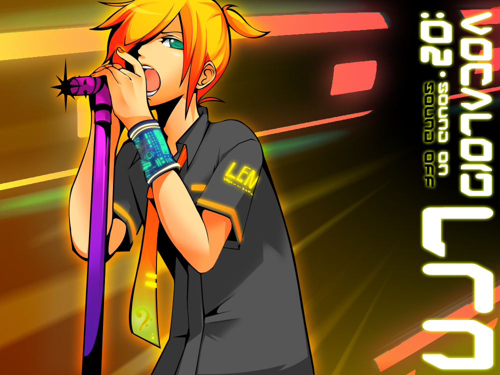 blonde_hair casual green_eyes h_e_r_o hair_over_one_eye hero_(pixiv) kagamine_len male microphone microphone_stand necktie open_mouth short_hair solo vocaloid