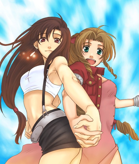 aerith_gainsborough akaza_shiro back-to-back back_to_back belt black_hair blonde_hair brown_eyes brown_hair earrings final_fantasy final_fantasy_vii green_eyes hair_ribbon hand_holding holding_hands jewelry lion_(macross_frontier) long_hair macross macross_frontier midriff multiple_girls parody ponytail ranka_lee ribbon sheryl_nome smile suspenders taut_shirt tifa_lockhart