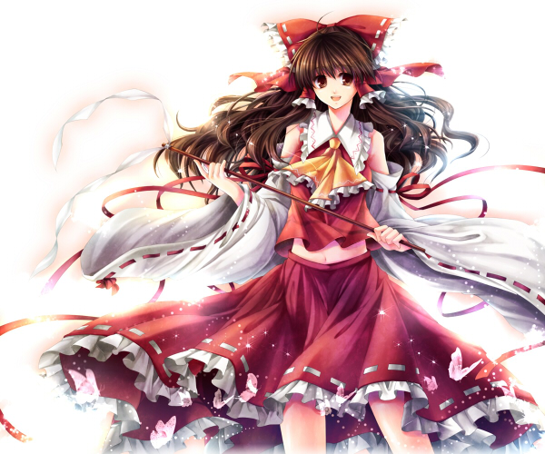 bow brown_eyes brown_hair butterfly detached_sleeves gohei hagiwara_rin hair_bow hakurei_reimu japanese_clothes long_hair midriff miko navel open_mouth ribbon smile standing touhou wide_sleeves