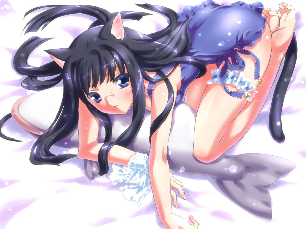 black_hair blue_eyes blush cat_ears cat_tail catgirl character_request glasses long_hair looking_at_viewer