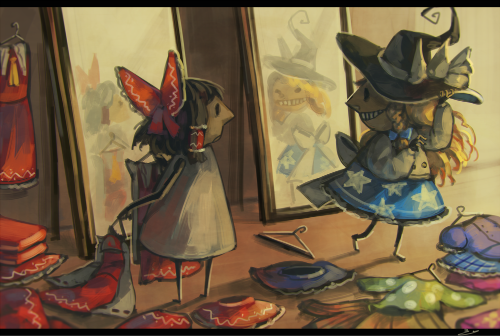 2girls ascot blonde_hair blue_skirt bow brown_hair clothes clothes_hanger commentary_request hair_bow hair_tubes hakurei_reimu hat hat_bow kirisame_marisa koto_inari long_hair looking_at_another mirror multiple_girls nontraditional_miko shirt short_hair skirt smile touhou white_shirt witch_hat