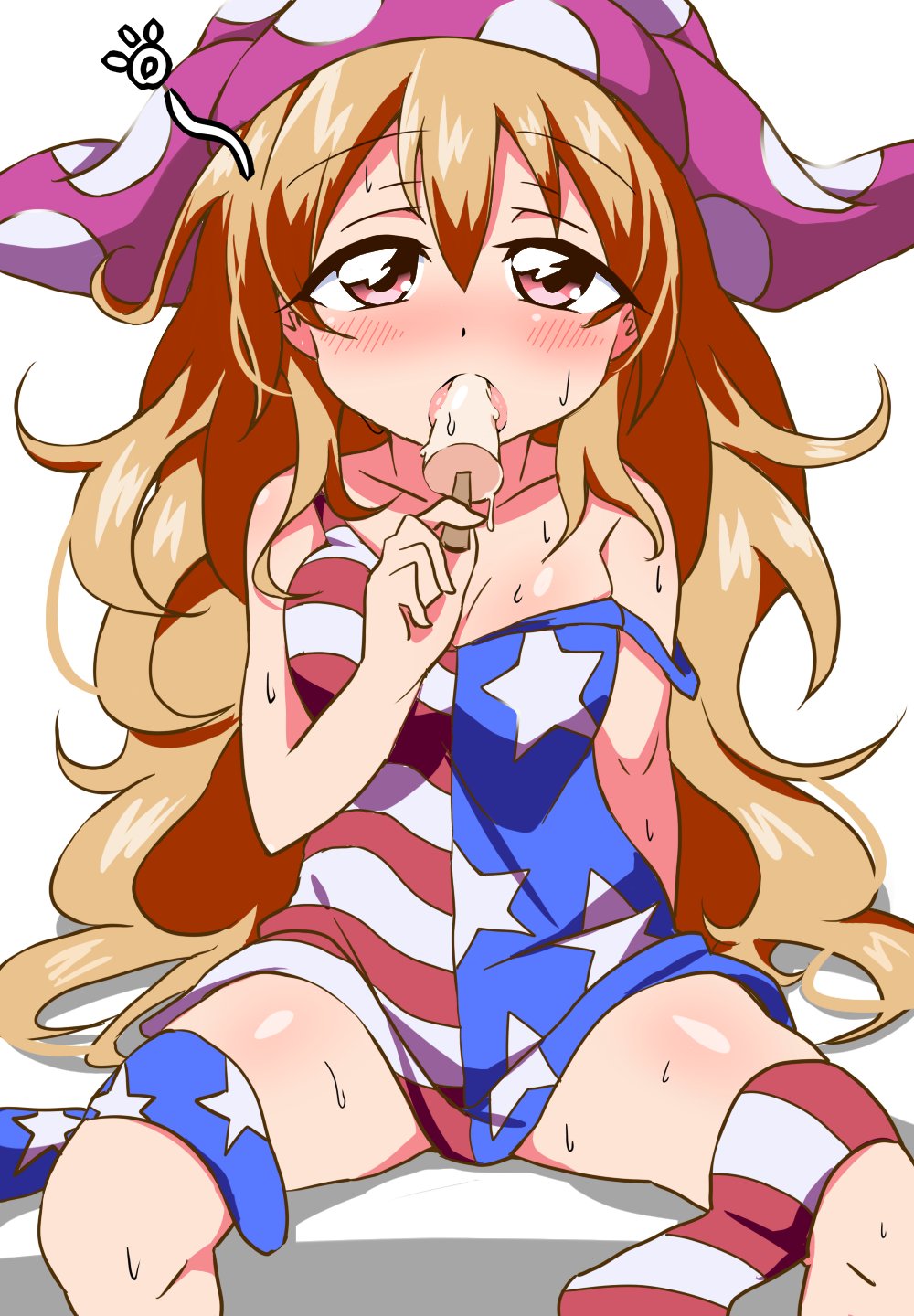 1girl adapted_costume american_flag_dress arm_support bare_shoulders blonde_hair blush breasts bwell clownpiece collarbone commentary dress eating food_in_mouth hat highres hot jester_cap long_hair looking_at_viewer medium_breasts off_shoulder open_mouth pantyhose pantyhose_removed pink_eyes polka_dot popsicle print_legwear sexually_suggestive short_dress sitting sleeveless sleeveless_dress solo spread_legs star strap_slip sweat touhou very_long_hair white_background