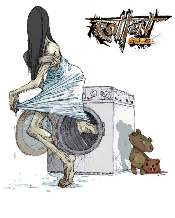 black_hair blood dress ella horror m.u.g.e.n official_art pedobear rotten_core teddy_bear trauma_(rotten_core) washing_machine