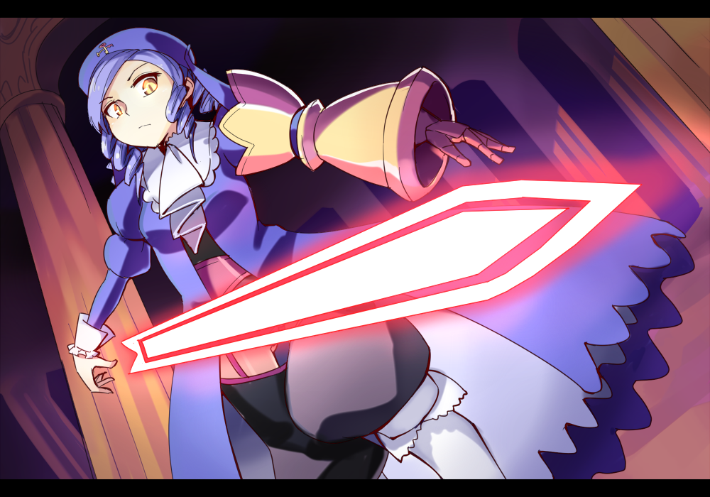 1girl cravat dlanor_a_knox drill_hair dutch_angle eiserne_jungfrau hat letterboxed pillar purple_hair sword umineko_no_naku_koro_ni usuaji weapon yellow_eyes