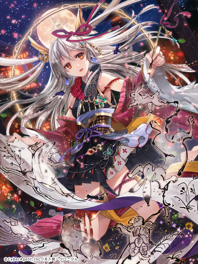 1girl asymmetrical_legwear bear brown_eyes calligraphy_brush detached_sleeves dress flower frog full_moon hair_ornament japanese_clothes jewelry kyouka_hatori long_hair moon night night_sky open_mouth pagoda paintbrush petals pleated_dress rabbit scroll sky smile tenka_touitsu_chronicle thigh-highs white_hair wolf