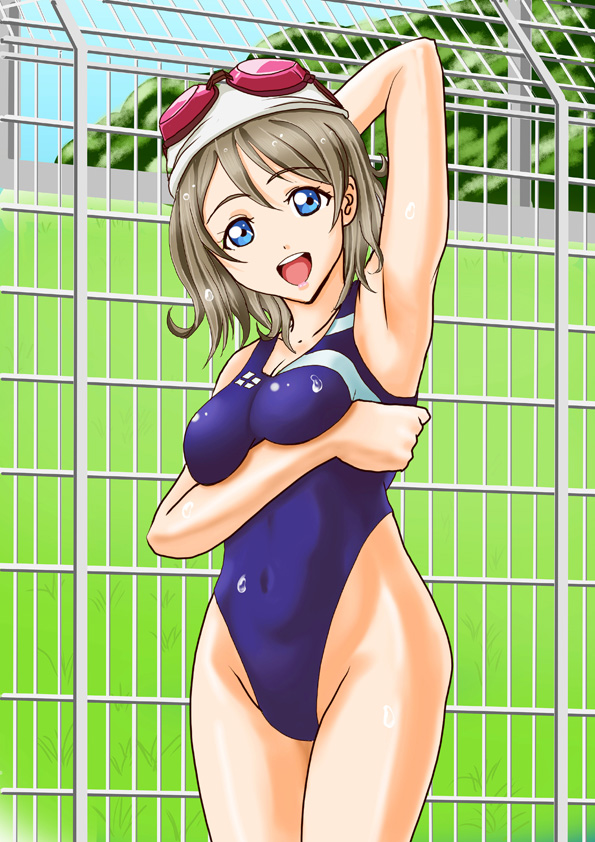 1girl blue_eyes breast_hold breasts brown_hair competition_swimsuit fence goggles goggles_on_head grass looking_at_viewer love_live! love_live!_sunshine!! one-piece_swimsuit open_mouth school_uniform short_hair smile solo swim_cap swimsuit watanabe_you
