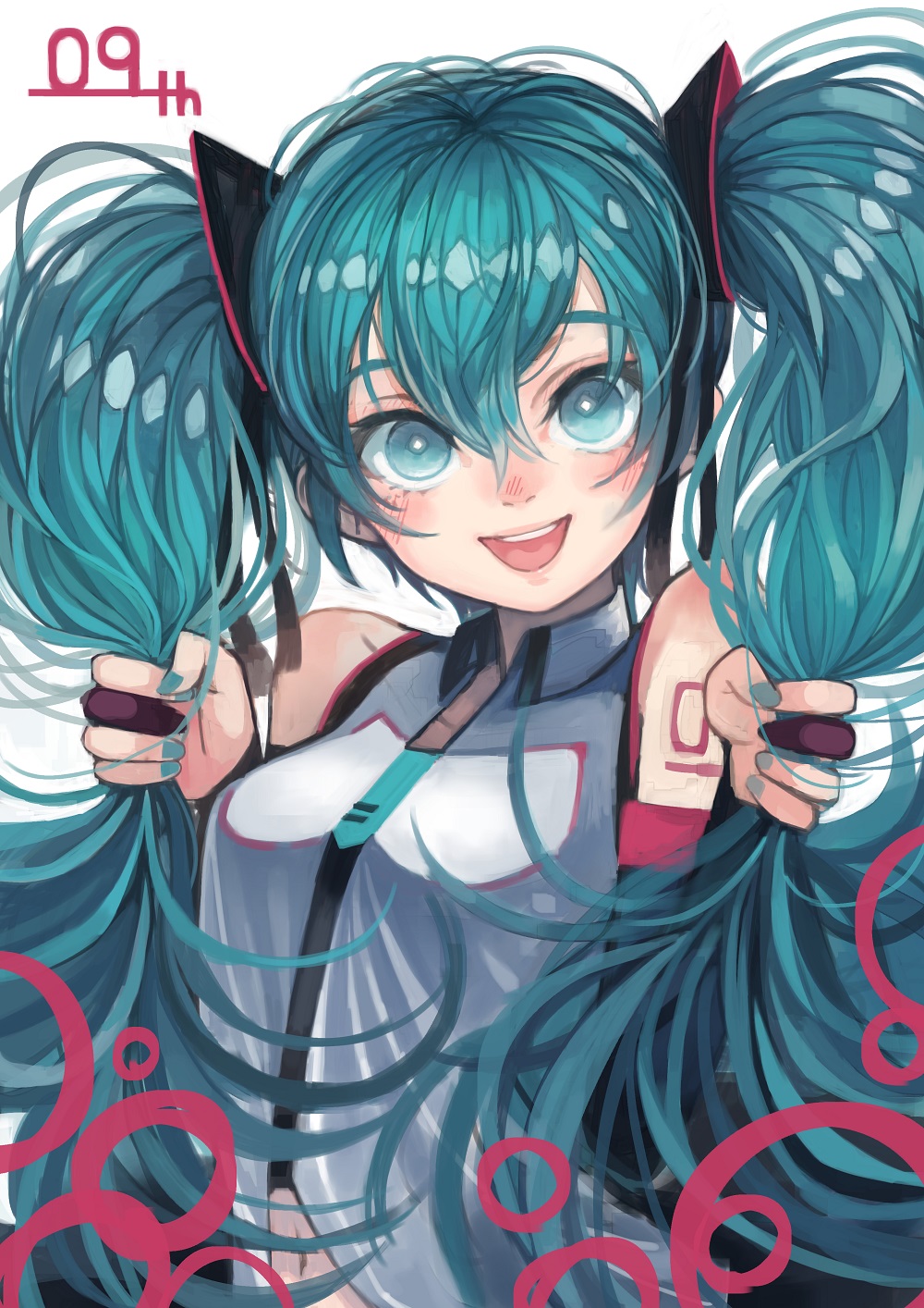 1girl :d adjusting_hair commentary_request detached_sleeves green_eyes green_hair hatsune_miku highres long_hair looking_at_viewer navel open_mouth smile solo twintails vocaloid window1228