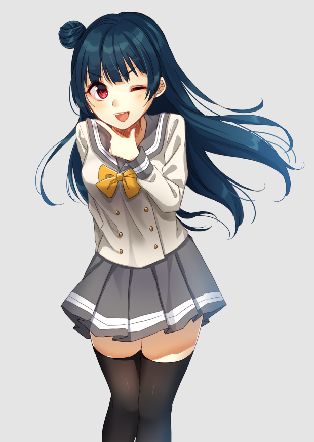 blue_hair blush long_hair love_live!_sunshine!! odango pink_eyes seifuku smile tsushima_yoshiko wink