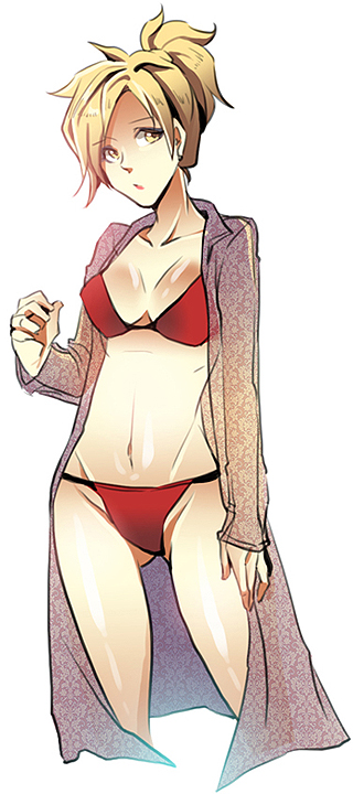 1girl alternate_eye_color ass_visible_through_thighs bikini blonde_hair breasts coat collarbone cowboy_shot groin hand_up large_breasts lowleg lowleg_bikini mercy_(overwatch) midriff navel open_clothes open_coat overwatch ponytail red_bikini simple_background solo stomach strap_gap swimsuit white_background yellow_eyes
