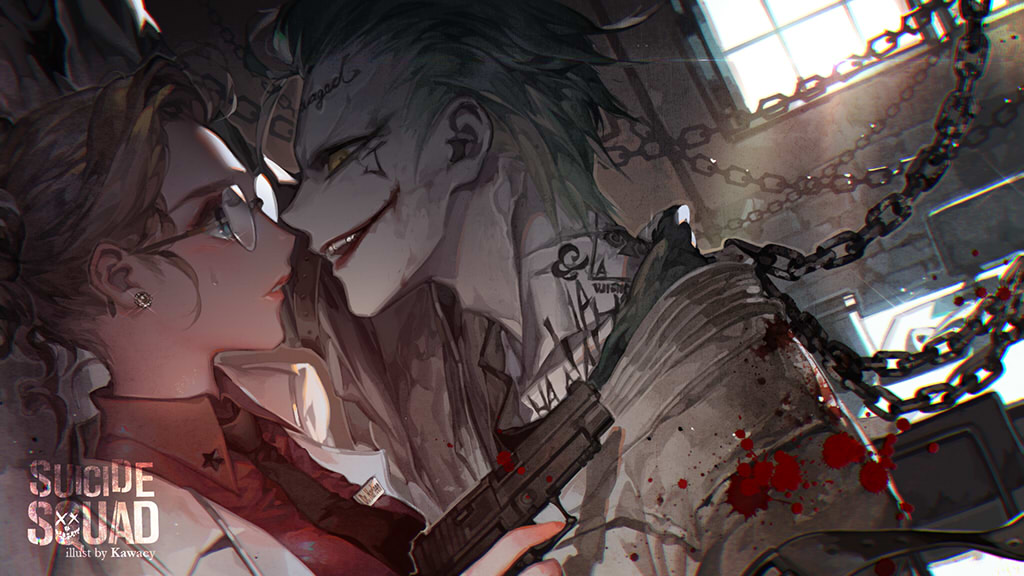 1boy 1girl against_wall batman_(series) blonde_hair blood blood_splatter chain dc_comics earrings evil_smile eye_contact glasses green_hair gun handgun harley_quinn jewelry kawacy labcoat logo looking_at_another name_tag necktie pale_skin parted_lips ponytail smile straitjacket suicide_squad sweat tattoo the_joker weapon window yellow_eyes