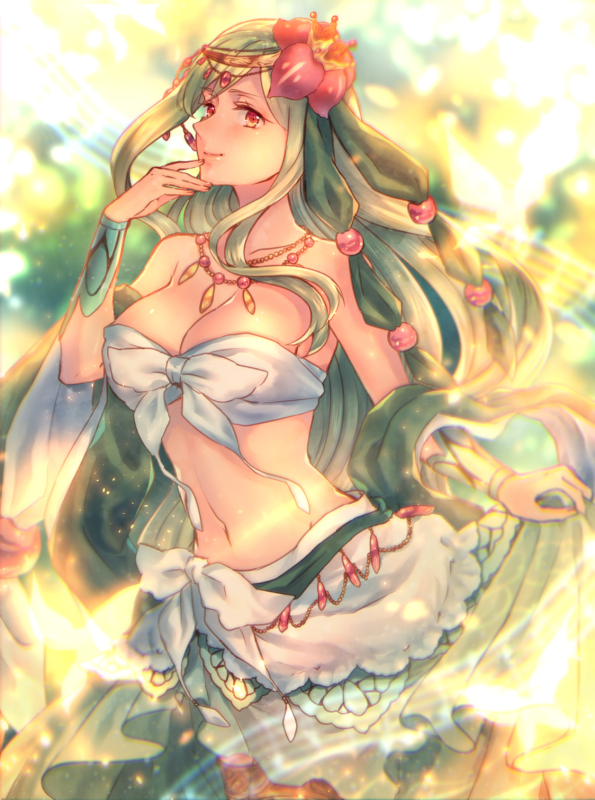 1girl breasts cleavage flower green_hair hair_flower hair_ornament jewelry lilligant long_hair midriff moe_(hamhamham) navel necklace personification pokemon red_eyes skirt_hold solo