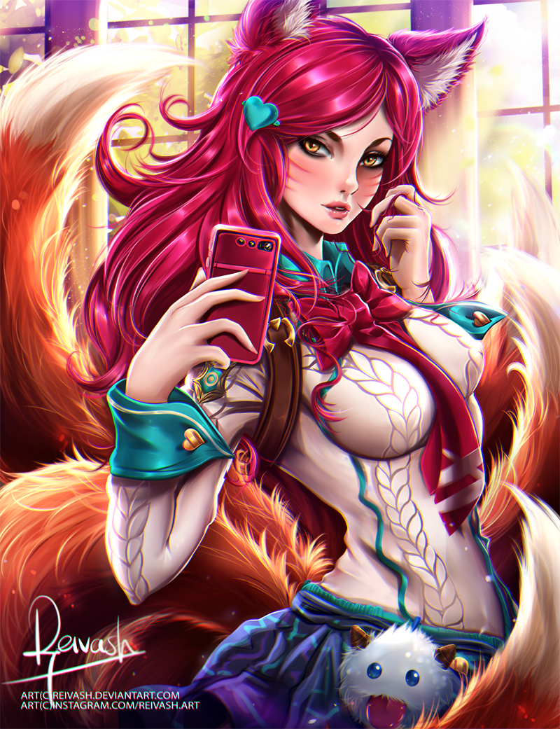 1girl academy_ahri ahri animal_ears aran_sweater artist_name bangs blue_eyes blue_skirt blush breasts brown_eyes cellphone fox_ears fox_tail from_side hair_ornament hair_twirling head_tilt heart_hair_ornament holding holding_phone horns impossible_clothes impossible_sweater javier_estrada league_of_legends long_hair long_sleeves looking_at_viewer medium_breasts multiple_tails necktie parted_lips phone pink_hair pink_necktie poro_(league_of_legends) realistic skirt smartphone solo sweater swept_bangs tail tongue tongue_out watermark web_address whisker_markings