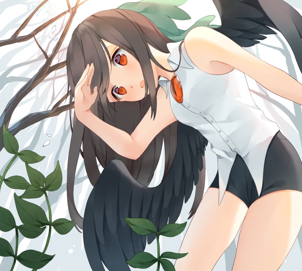 1girl bare_shoulders bare_tree black_shorts black_wings bow brown_hair commentary_request green_bow hair_bow hand_on_forehead leaning leaning_forward long_hair looking_down misha_(hoongju) plant red_eyes reiuji_utsuho shirt shorts sleeveless solo third_eye touhou tree white_shirt wing_collar wings