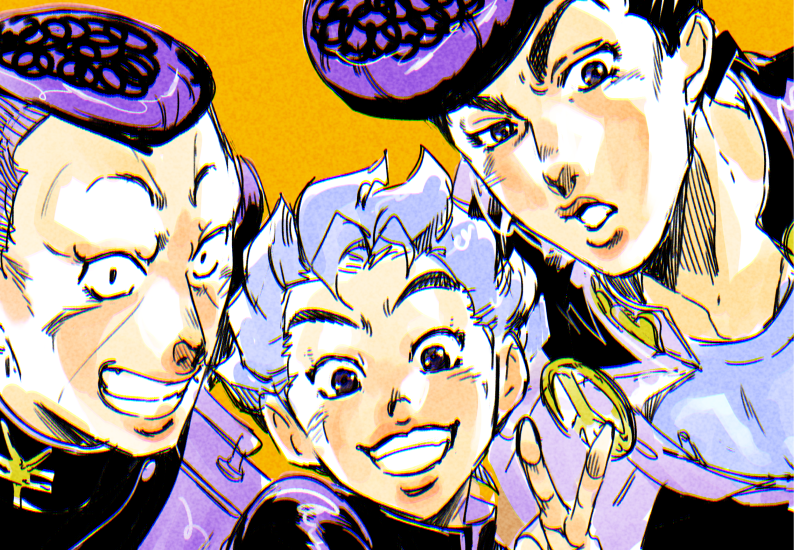 3boys black_hair blue_eyes chromatic_aberration close-up gakuran grin heart higashikata_jousuke hirose_kouichi jojo_no_kimyou_na_bouken looking_at_viewer male_focus mr0308 multiple_boys nijimura_okuyasu open_mouth orange_background peace_symbol pompadour school_uniform silver_hair simple_background smile spiky_hair v yen_sign