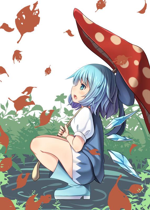 1girl blue_boots blue_bow blue_eyes blue_hair blue_shirt blue_skirt blush boots bow cirno commentary_request falling_leaves from_side full_body hair_bow holding holding_umbrella ice ice_wings looking_away looking_up mushroom oimo_(imoyoukan) open_mouth plant pond puffy_short_sleeves puffy_sleeves shirt short_hair short_sleeves skirt skirt_set solo squatting standing standing_on_liquid touhou umbrella wings