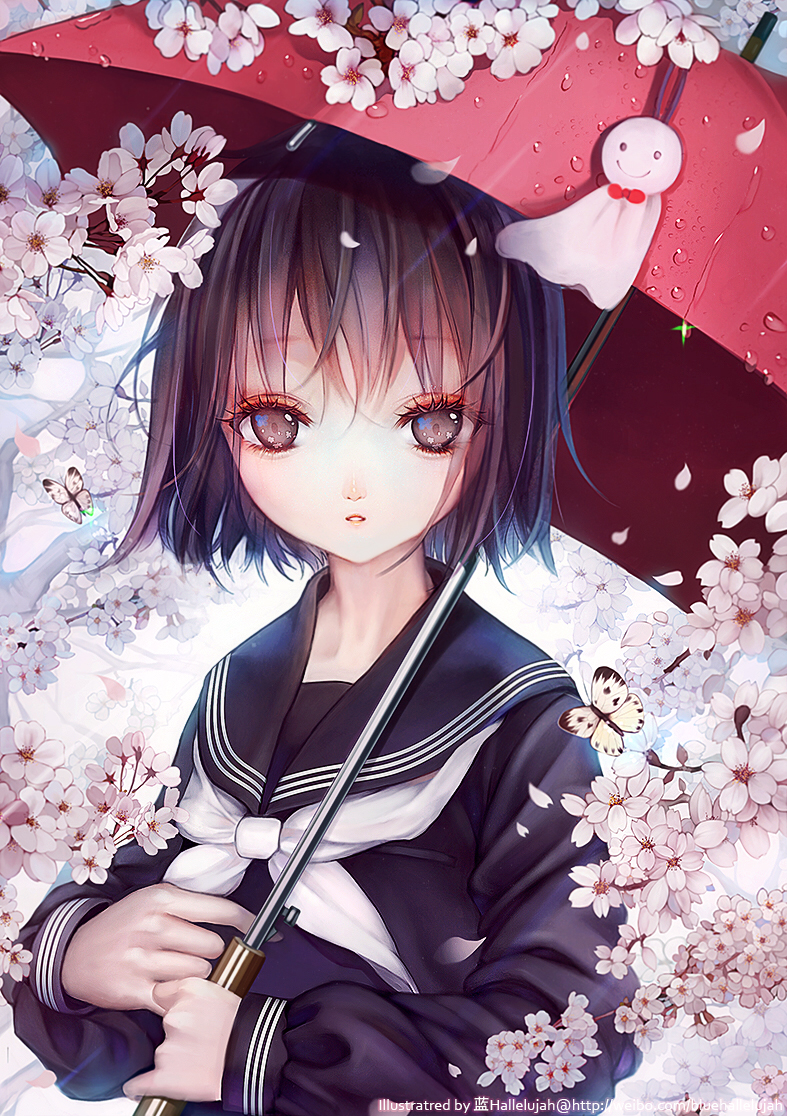 1girl animal artist_name bad_id black_serafuku black_shirt blue_hallelujah bow bowtie brown_eyes butterfly cherry_blossoms eyelashes eyeshadow holding holding_umbrella insect lipstick long_sleeves looking_at_viewer makeup neckerchief original parted_lips petals red_bow red_bowtie red_lips red_umbrella school_uniform serafuku shirt short_hair smiley_face solo teruterubouzu umbrella upper_body water water_drop