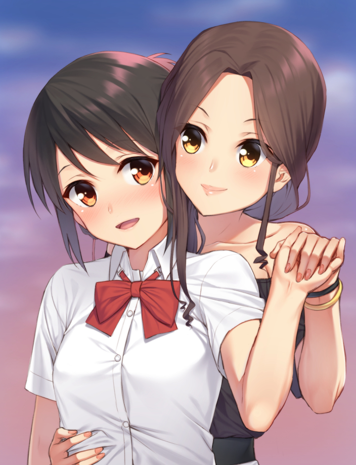 2girls black_hair blouse blush bow bowtie bracelet breasts commentary_request eyebrows holding_hands jewelry kimi_no_na_wa long_hair medium_breasts mikazuchi_zeus miyamizu_mitsuha multiple_girls okudera_miki open_mouth red_eyes school_uniform short_hair white_blouse yellow_eyes