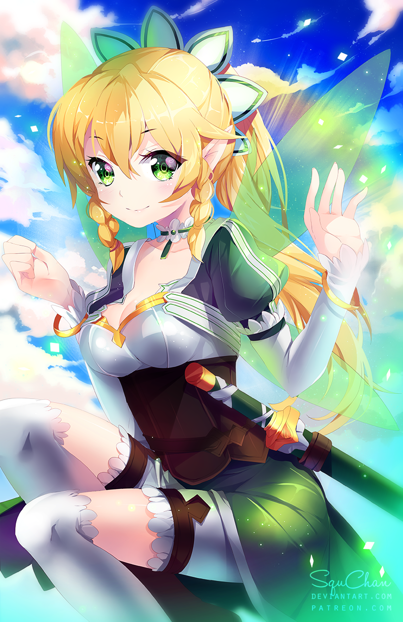 1girl artist_name blonde_hair blue_sky blush bracelet braid breasts choker cleavage clouds cloudy_sky collarbone corset cowboy_shot dress elbow_gloves elf eyebrows eyebrows_visible_through_hair fairy_wings fingernails gloves green_dress green_eyes hands_up heart heart-shaped_pupils highres jewelry leafa long_fingernails looking_at_viewer medium_breasts midair pointy_ears ponytail puffy_short_sleeves puffy_sleeves scabbard sheath sheathed short_sleeves signature sky solo squadra sword sword_art_online symbol-shaped_pupils thigh-highs thigh_strap twin_braids watermark weapon web_address white_gloves white_legwear wings