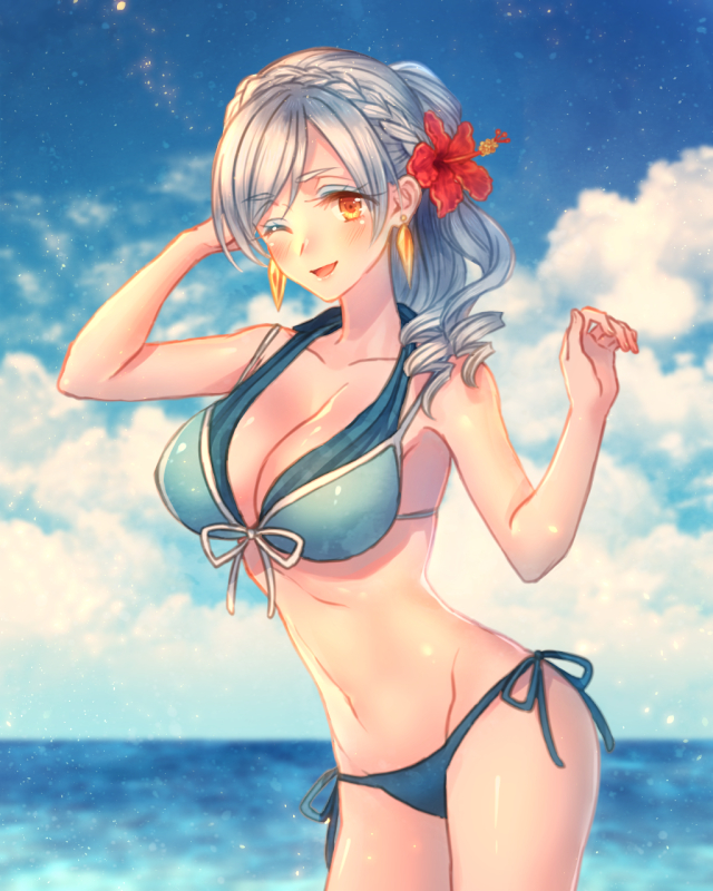 1girl :d beach bikini blue_sky breasts cleavage clouds collarbone earrings flower groin hair_flower hair_ornament jewelry midriff moe_(hamhamham) navel one_eye_closed open_mouth personification pokemon ponytail silver_hair sky smile solo standing swimsuit water