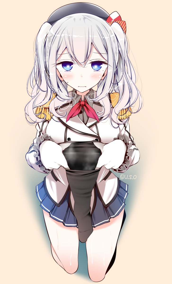 1girl beret black_legwear blue_eyes blush breasts buttons epaulettes frilled_sleeves frills gloves grey_shirt hat highres jacket kantai_collection kashima_(kantai_collection) kerchief kneehighs kneeling large_breasts legwear_removed long_sleeves looking_at_viewer military military_uniform miniskirt oouso_(usotsukiya) pleated_skirt revision shirt sidelocks silver_hair skirt solo steam sweat tsurime twintails twitter_username uniform wavy_hair wavy_mouth white_gloves