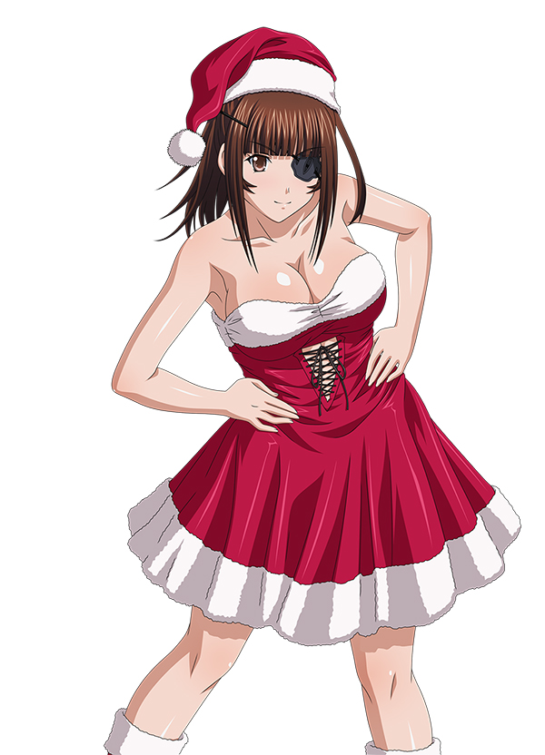 1girl bare_shoulders black_ribbon boots breasts brown_eyes brown_hair cleavage dress eyebrows eyebrows_visible_through_hair eyepatch hair_ornament hands_on_hips hat ikkitousen large_breasts long_hair red_dress red_hat ribbon santa_boots santa_costume santa_hat shiny shiny_skin smile solo strapless strapless_dress yagyu_mitsuyoshi
