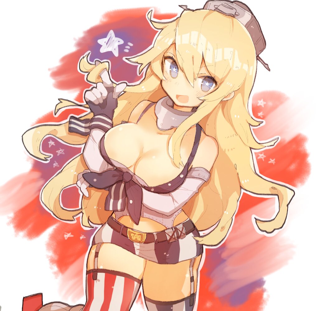 1girl blonde_hair blue_eyes breasts cleavage elbow_gloves fingerless_gloves garter_straps gloves headgear iowa_(kantai_collection) kantai_collection miniskirt one_eye_closed picohebi skirt star star-shaped_pupils striped striped_legwear symbol-shaped_pupils thigh-highs vertical_stripes