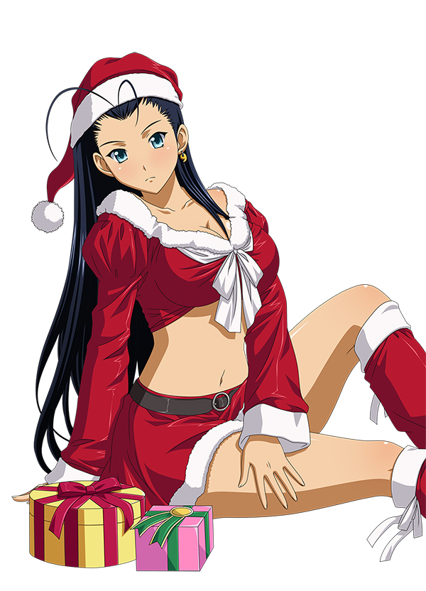 1girl belt black_hair blue_eyes boots bow box breasts cleavage collarbone earrings front-tie_top gift gift_box hat ikkitousen jewelry kakouen_myousai large_breasts long_hair magatama_earrings midriff navel red_bow red_hat red_skirt ribbon santa_boots santa_costume santa_hat simple_background sitting skirt solo white_background white_ribbon