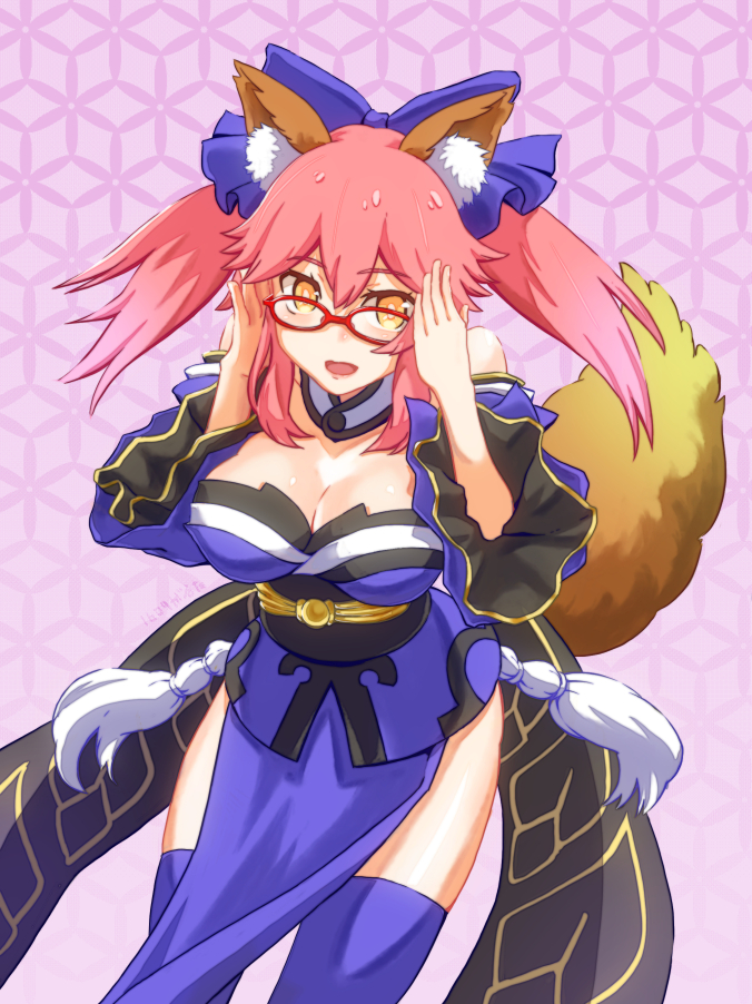 animal_ears bell bell_collar bespectacled blue_legwear bow breasts caster_(fate/extra) cleavage collar commentary_request detached_sleeves fate/extra fate/grand_order fate_(series) fox_ears fox_tail garutaisa glasses hair_bow hair_ribbon japanese_clothes large_breasts pink_hair red_glasses ribbon tail twintails yellow_eyes