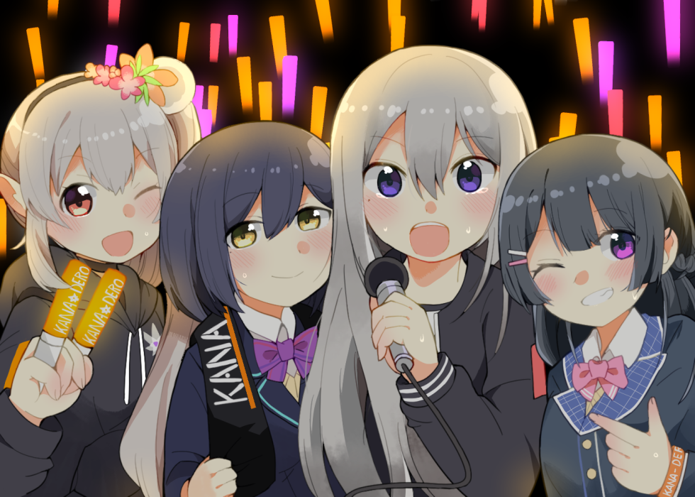 4girls :d ;d bangs black_hair black_hoodie black_jacket blazer blue_jacket blush bow brown_eyes closed_mouth collared_shirt commentary drawstring elf elu_(nijisanji) eyebrows_visible_through_hair fingernails flower grin hair_between_eyes hair_down hair_flower hair_ornament hairclip higuchi_kaede holding holding_microphone hood hood_down hoodie jacket light_stick long_hair microphone multiple_girls nijisanji one_eye_closed open_mouth orange_flower pink_bow pointy_ears purple_bow red_flower school_uniform shirt shizuka_rin side_ponytail sidelocks silver_hair smile sweat tears tsukino_mito very_long_hair violet_eyes virtual_youtuber white_shirt yamase