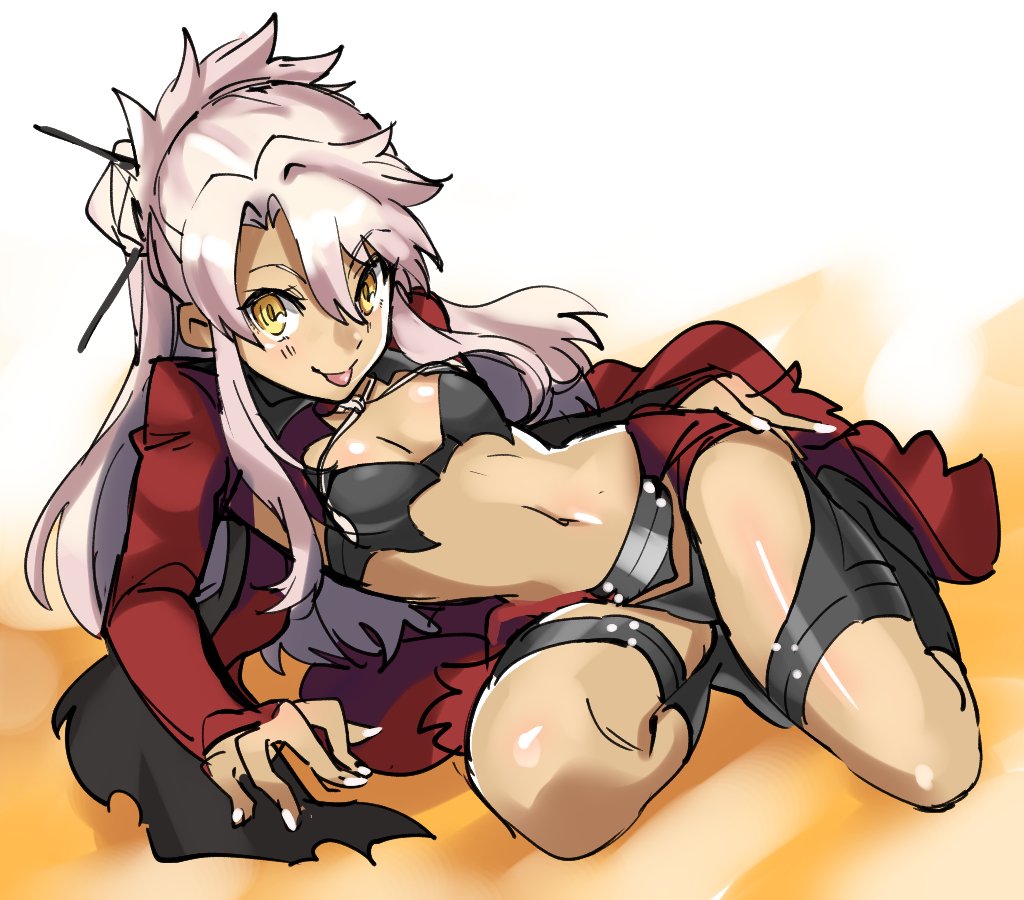 1girl :p breasts chloe_von_einzbern fate/kaleid_liner_prisma_illya fate_(series) long_hair looking_at_viewer midriff pink_hair shimo_(s_kaminaka) small_breasts smile solo tongue tongue_out yellow_eyes
