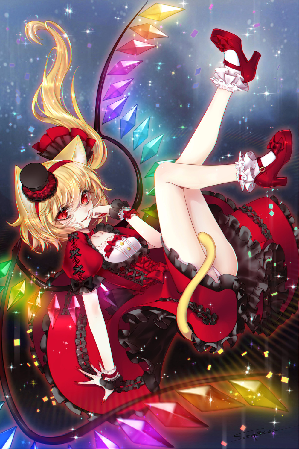 1girl animal_ears bare_legs blonde_hair bow breasts cat_ears cat_tail collarbone dress eyebrows eyebrows_visible_through_hair fang finger_to_mouth fingernails flandre_scarlet frilled_dress frills gothic_lolita hairband hat high_heels highres lace lace-trimmed_dress lolita_fashion long_hair mini_hat nail_polish panties pantyshot puffy_short_sleeves puffy_sleeves red_bow red_dress red_eyes red_hairband short_sleeves side_ponytail small_breasts socks solo sptuel tail touhou underbust underwear white_legwear white_panties wings wristband