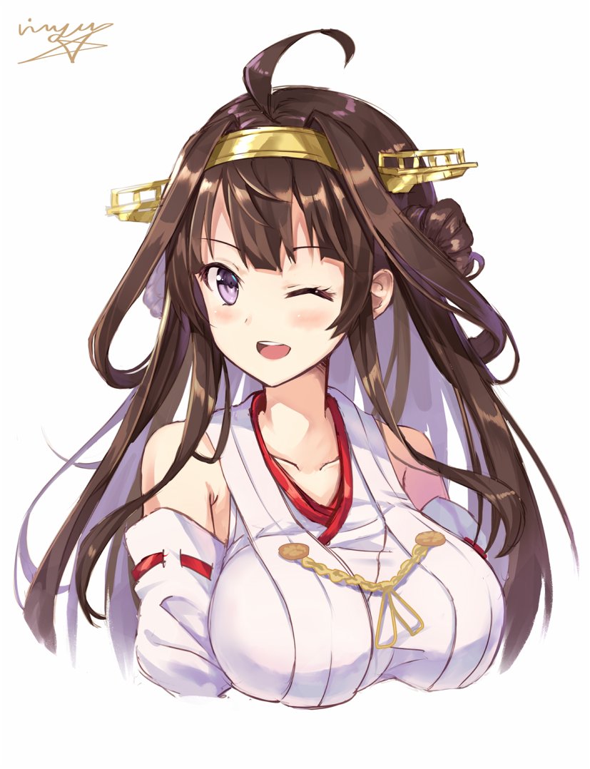 1girl ;d ahoge artist_name blush breasts brown_hair detached_sleeves double_bun hairband headgear japanese_clothes kantai_collection kimono kongou_(kantai_collection) long_hair looking_at_viewer medium_breasts nontraditional_miko one_eye_closed open_mouth red_ribbon ribbon ribbon-trimmed_sleeves ribbon_trim rin_yuu round_teeth signature simple_background sleeveless sleeveless_kimono smile solo teeth violet_eyes white_background yellow_ribbon