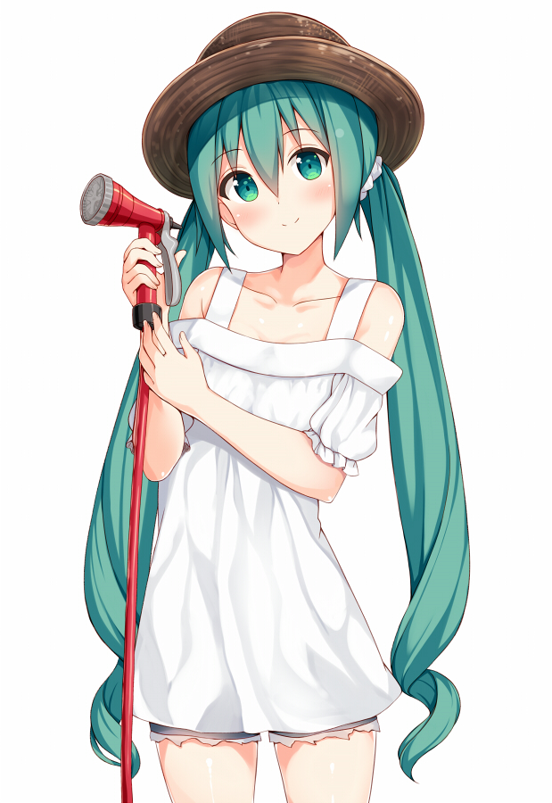 1girl alternate_costume bare_shoulders blue_shorts brown_hat casual collarbone cowboy_shot cutoffs denim denim_shorts dress eyebrows eyebrows_visible_through_hair frilled_sleeves frills green_eyes green_hair hair_ornament hair_scrunchie hat hatsune_miku head_tilt holding hose long_hair looking_at_viewer low_twintails off-shoulder_dress off_shoulder puffy_short_sleeves puffy_sleeves scrunchie short_shorts short_sleeves shorts shoulder_cutout shuuichi simple_background solo standing straw_hat sundress tareme twintails very_long_hair vocaloid white_background