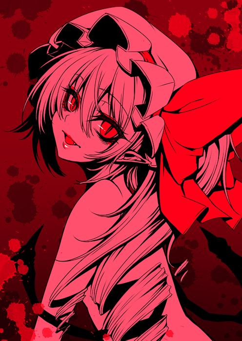 1girl :d blood blood_splatter bow drill_hair fang flandre_scarlet from_side hat hat_bow head_tilt lips looking_at_viewer looking_to_the_side mob_cap nude open_mouth pointy_ears red_bow red_eyes side_ponytail smile solo spot_color suzuneko_(yume_no_kyoukai) touhou upper_body wings