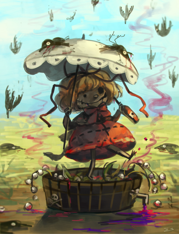 1girl barefoot bird blonde_hair bottle bow commentary_request death dying falling hair_bow koto_inari medicine_melancholy parasol poison red_skirt short_hair skirt touhou tub umbrella