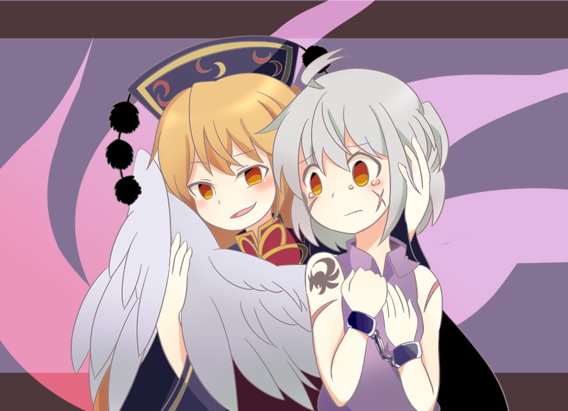 2girls :d blonde_hair blush buna_shimeji_(keymush) chain chained_wrists chinese_clothes collared_dress cuffs dress facial_scar flame_aura frown grey_hair hands_on_own_chest hat junko_(touhou) kishin_sagume long_hair multiple_girls open_mouth petting pom_pom_(clothes) prisoner red_eyes scar scared shackles short_hair shoulder_tattoo smile smirk striped striped_background tears touhou wing_hug