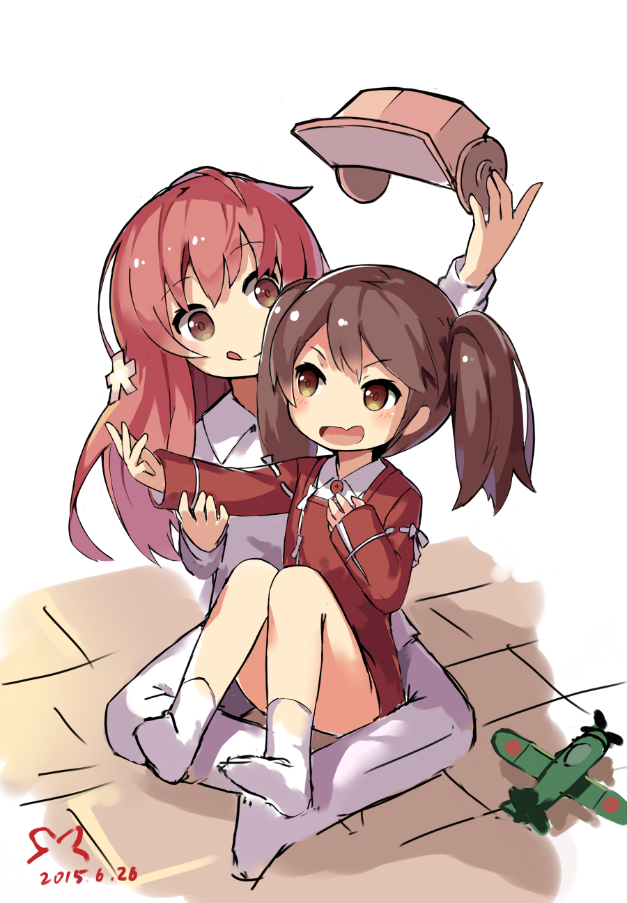 2girls :q aircraft airplane blush brown_eyes brown_hair dated eyebrows eyebrows_visible_through_hair female_admiral_(kantai_collection) hand_on_own_chest headwear_removed highres holding_arm japanese_clothes kantai_collection kariginu lino-lin long_hair long_sleeves looking_at_another magatama multiple_girls onmyouji open_mouth outstretched_arm pink_eyes ryuujou_(kantai_collection) shikigami shirt sitting smile tongue tongue_out twintails visor_cap white_legwear